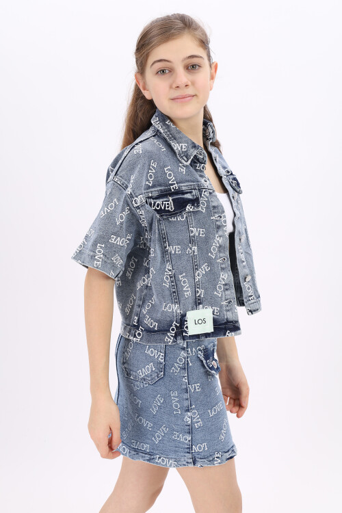 Kız Çocuk Love Baskılı Kısa Kol Jean Ceket 8-14 Yaş T1982