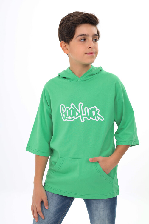 Erkek Çocuk Kapüşonlu Kanguru Cepli T-Shirt 9-14 Yaş Lx7072