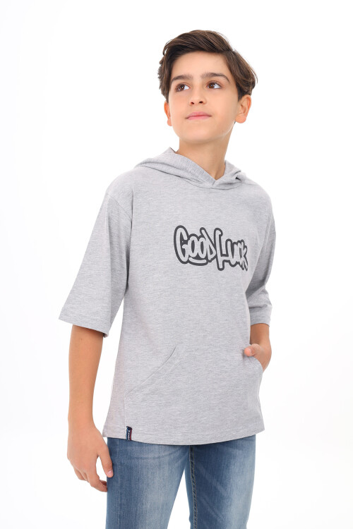 Erkek Çocuk Kapüşonlu Kanguru Cepli T-Shirt 9-14 Yaş Lx7072