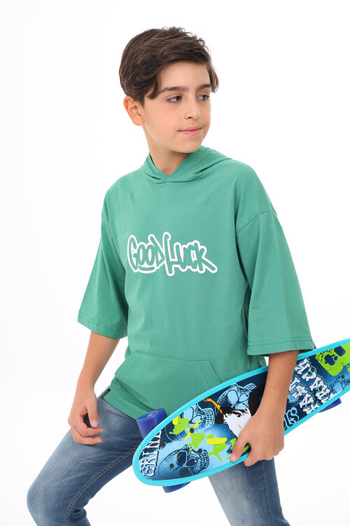Erkek Çocuk Kapüşonlu Kanguru Cepli T-Shirt 9-14 Yaş Lx7072