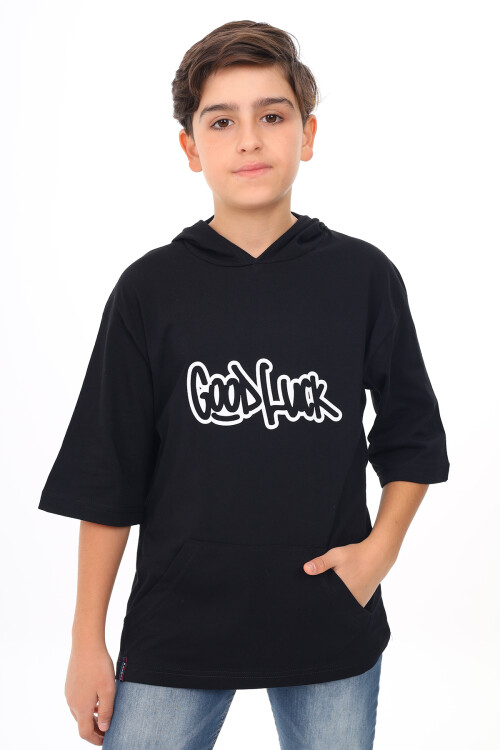 Erkek Çocuk Kapüşonlu Kanguru Cepli T-Shirt 9-14 Yaş Lx7072