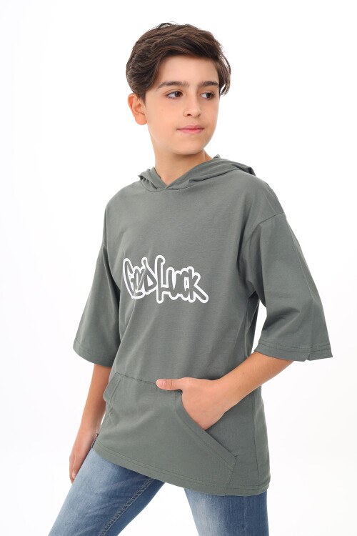 Erkek Çocuk Kapüşonlu Kanguru Cepli T-Shirt 9-14 Yaş Lx7072