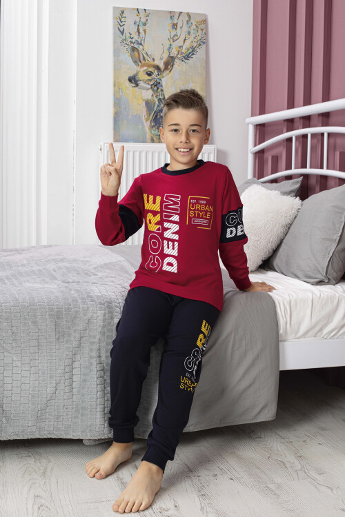 Erkek Çocuk Yazı Baskılı Bloklu Pijama Takımı 6-15 Yaş Kx5030