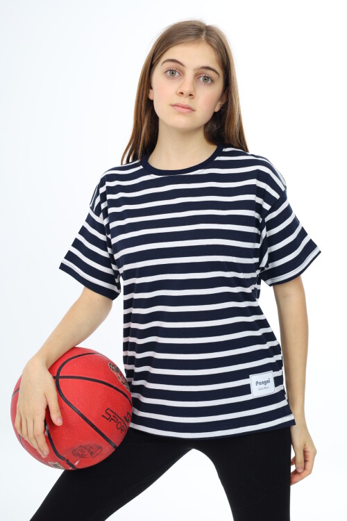 Kız Çocuk Çizgi Desenli T-Shirt 9-14 Yaş Lx999