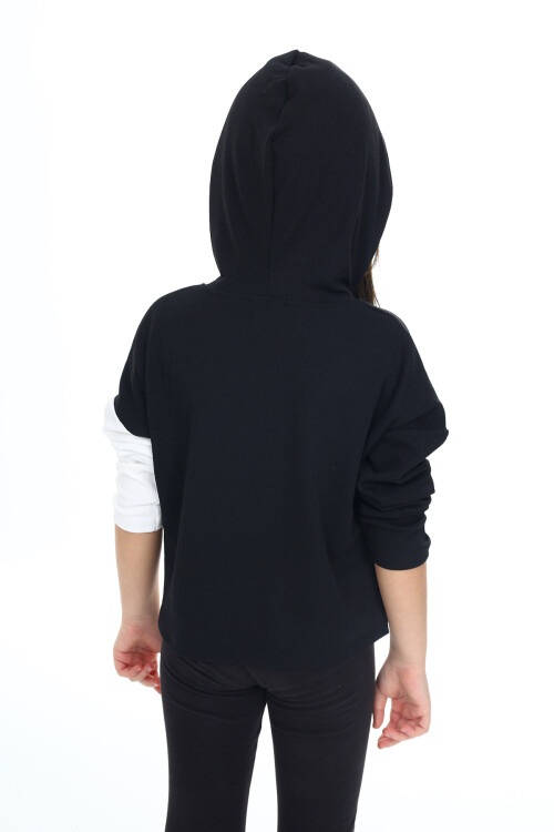 Kız Çocuk Crop Sweatshirt-Kapüşonlu-Garnili 6-13 Yaş 9332