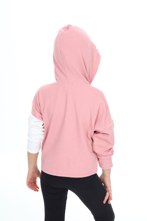 Kız Çocuk Crop Sweatshirt-Kapüşonlu-Garnili 6-13 Yaş 9332