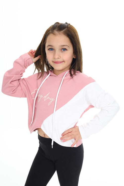 Kız Çocuk Crop Sweatshirt-Kapüşonlu-Garnili 6-13 Yaş 9332