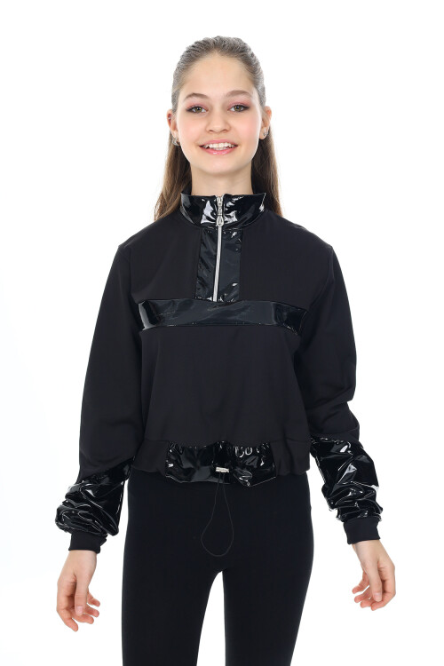 Kız Çocuk Deri Garnili-Yarım Fermuarlı Hırka 7-15 Yaş 5320