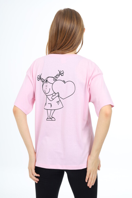 Kız Çocuk Kalp Baskılı T-Shirt 9-14 Yaş Lx5013