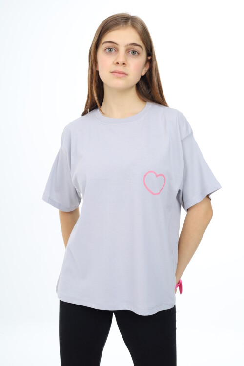 Kız Çocuk Kalp Baskılı T-Shirt 9-14 Yaş Lx5013