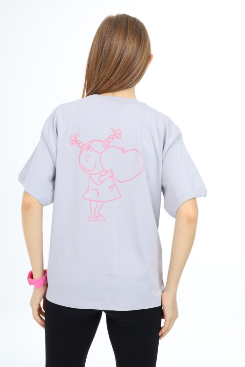 Kız Çocuk Kalp Baskılı T-Shirt 9-14 Yaş Lx5013