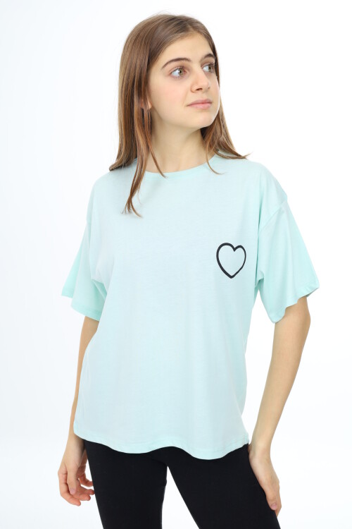 Kız Çocuk Kalp Baskılı T-Shirt 9-14 Yaş Lx5013