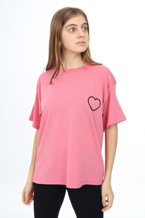 Kız Çocuk Kalp Baskılı T-Shirt 9-14 Yaş Lx5013