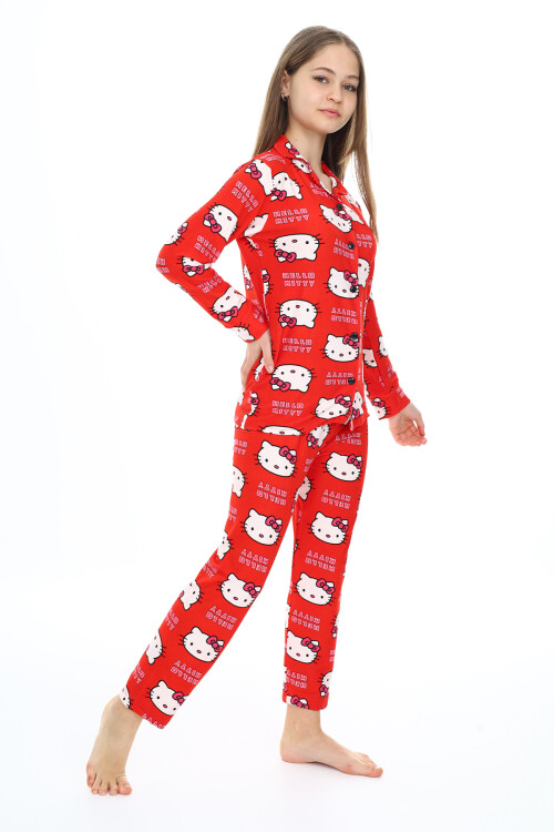 Kız Çocuk Kedi Baskılı Pijama Takımı 7-16 Yaş 0150