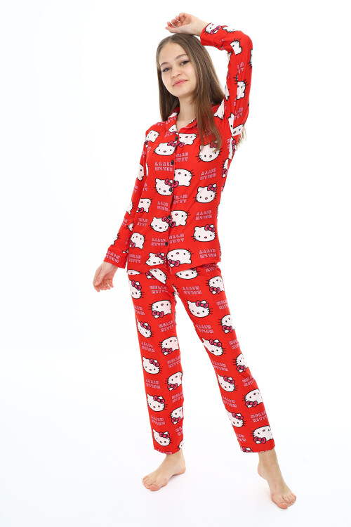 Kız Çocuk Kedi Baskılı Pijama Takımı 7-16 Yaş 0150
