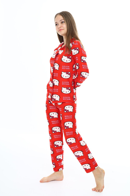 Kız Çocuk Kedi Baskılı Pijama Takımı 7-16 Yaş 0150