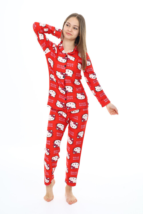 Kız Çocuk Kedi Baskılı Pijama Takımı 7-16 Yaş 0150