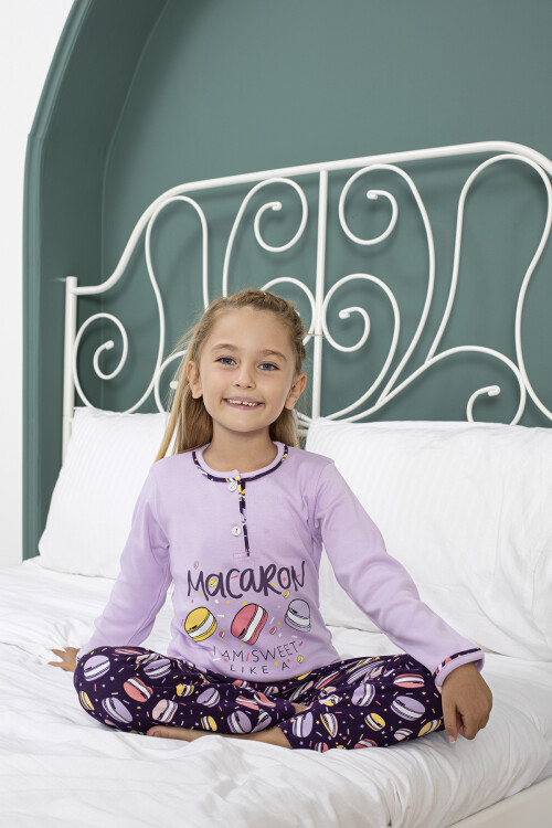 Kız Çocuk Macaron Baskılı Bloklu Pijama Takımı 11-15 Yaş LX6015