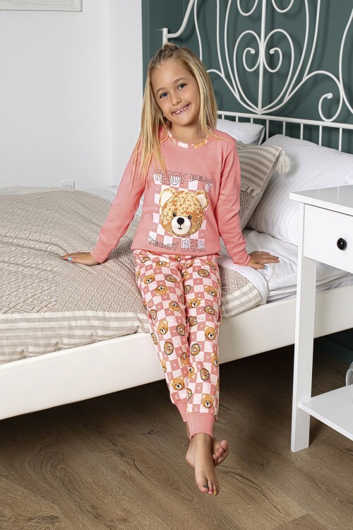 Kız Çocuk Ayıcık Baskılı Kare Detaylı Pijama Takımı 3-11 Yaş LX6001