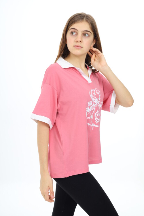 Kız Çocuk Polo Yaka Garnili T-Shirt 9-14 Yaş Lx018