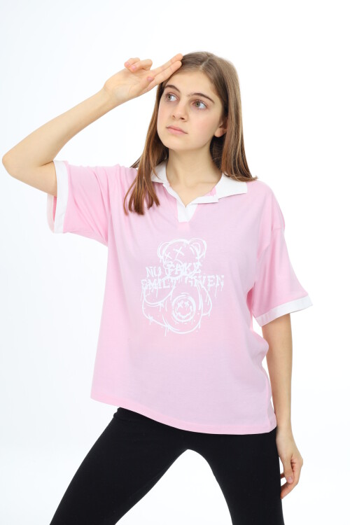 Kız Çocuk Polo Yaka Garnili T-Shirt 9-14 Yaş Lx018