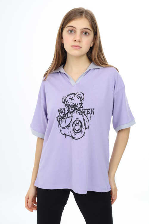 Kız Çocuk Polo Yaka Garnili T-Shirt 9-14 Yaş Lx018
