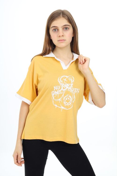 Kız Çocuk Polo Yaka Garnili T-Shirt 9-14 Yaş Lx018