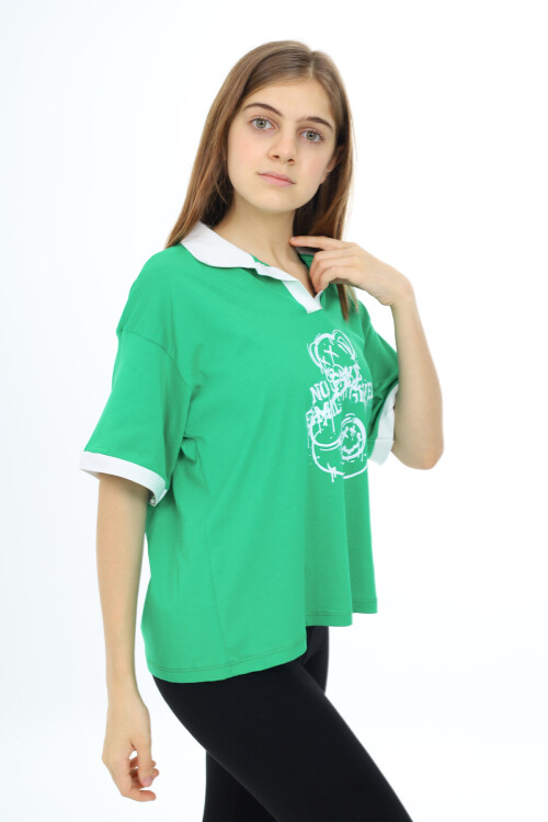 Kız Çocuk Polo Yaka Garnili T-Shirt 9-14 Yaş Lx018