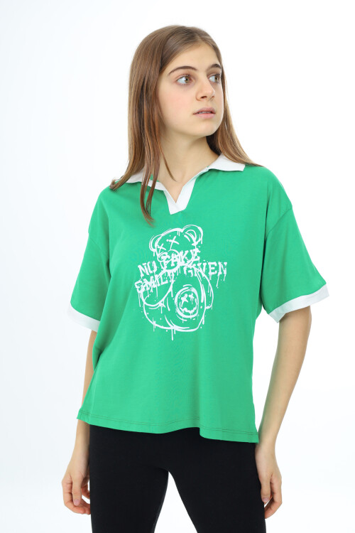 Kız Çocuk Polo Yaka Garnili T-Shirt 9-14 Yaş Lx018
