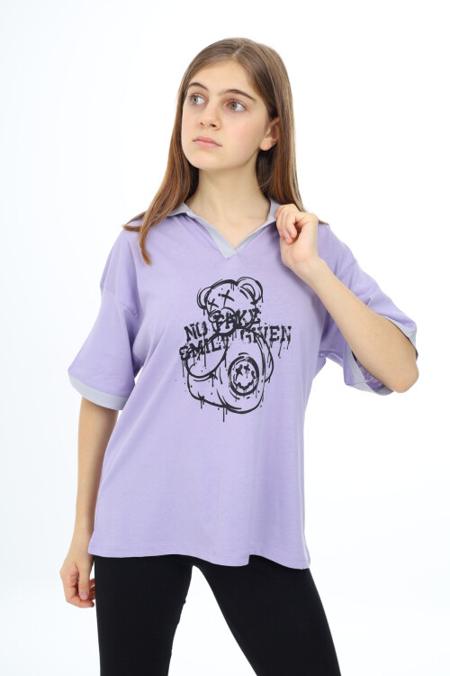 Kız Çocuk Polo Yaka Garnili T-Shirt 9-14 Yaş Lx018
