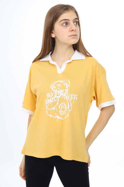 Kız Çocuk Polo Yaka Garnili T-Shirt 9-14 Yaş Lx018