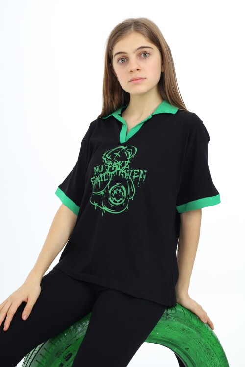 Kız Çocuk Polo Yaka Garnili T-Shirt 9-14 Yaş Lx018