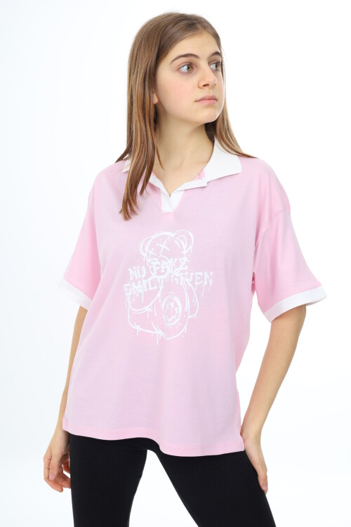 Kız Çocuk Polo Yaka Garnili T-Shirt 9-14 Yaş Lx018