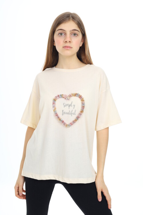 Kız Çocuk Tasarım Kalp Desenli T-Shirt 9-14 Yaş Lx036