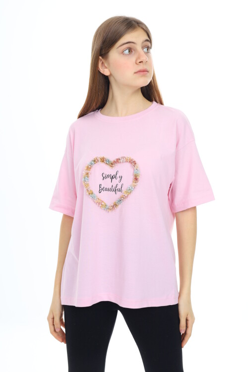 Kız Çocuk Tasarım Kalp Desenli T-Shirt 9-14 Yaş Lx036
