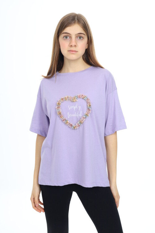 Kız Çocuk Tasarım Kalp Desenli T-Shirt 9-14 Yaş Lx036