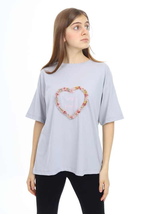 Kız Çocuk Tasarım Kalp Desenli T-Shirt 9-14 Yaş Lx036
