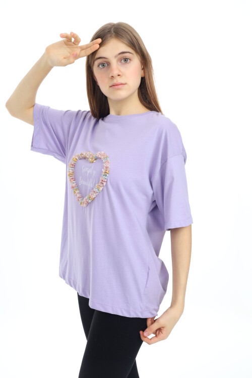 Kız Çocuk Tasarım Kalp Desenli T-Shirt 9-14 Yaş Lx036