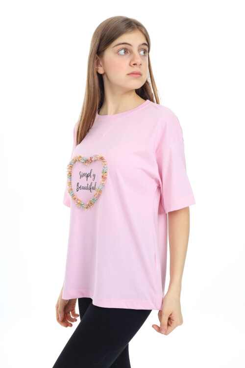 Kız Çocuk Tasarım Kalp Desenli T-Shirt 9-14 Yaş Lx036