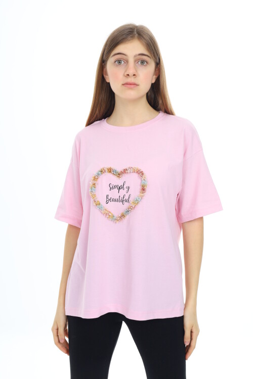 Kız Çocuk Tasarım Kalp Desenli T-Shirt 9-14 Yaş Lx036