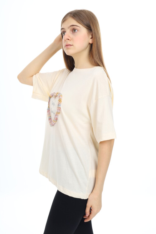 Kız Çocuk Tasarım Kalp Desenli T-Shirt 9-14 Yaş Lx036
