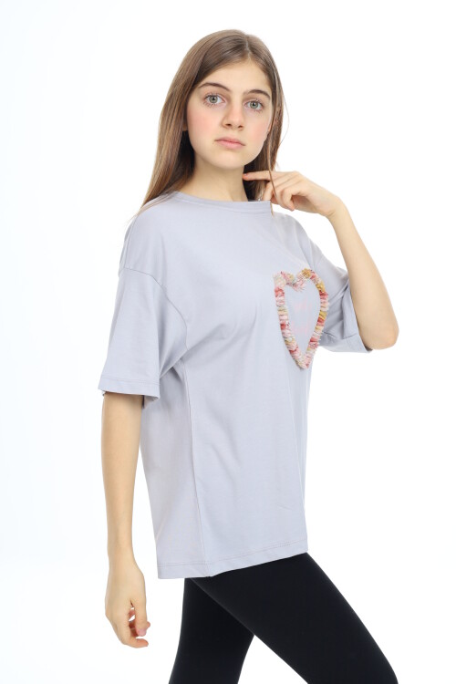 Kız Çocuk Tasarım Kalp Desenli T-Shirt 9-14 Yaş Lx036