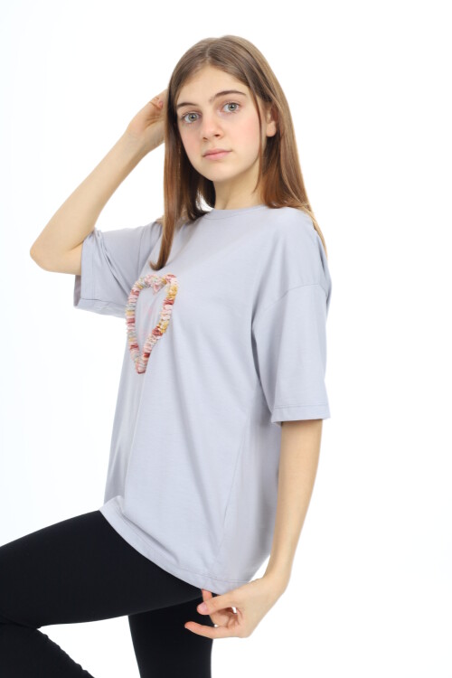 Kız Çocuk Tasarım Kalp Desenli T-Shirt 9-14 Yaş Lx036