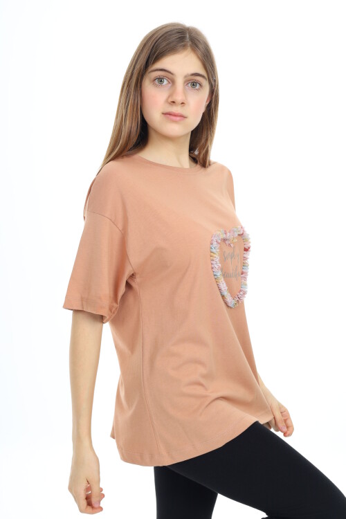 Kız Çocuk Tasarım Kalp Desenli T-Shirt 9-14 Yaş Lx036