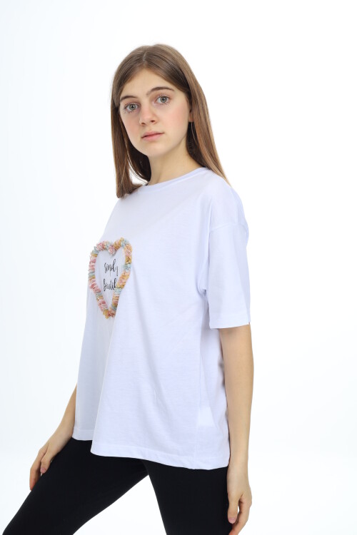 Kız Çocuk Tasarım Kalp Desenli T-Shirt 9-14 Yaş Lx036