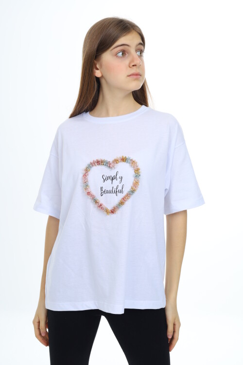 Kız Çocuk Tasarım Kalp Desenli T-Shirt 9-14 Yaş Lx036