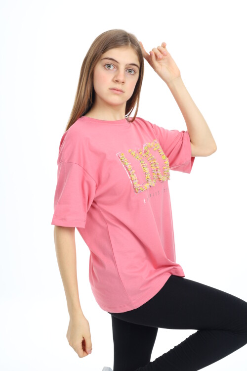 Kız Çocuk Tasarım Yazı Desenli T-Shirt 9-14 Yaş Lx038