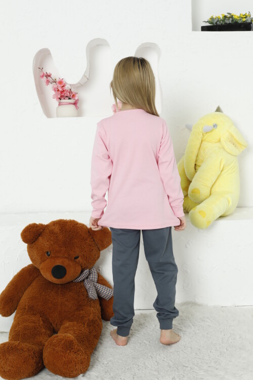 Kız Çocuk Tavşan Baskılı Bloklu Pijama Takımı 4-11 Yaş LX6032