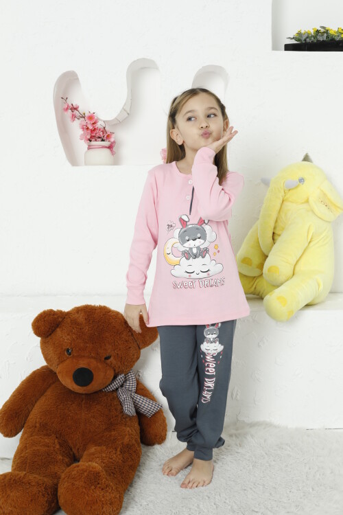 Kız Çocuk Tavşan Baskılı Bloklu Pijama Takımı 4-11 Yaş LX6032