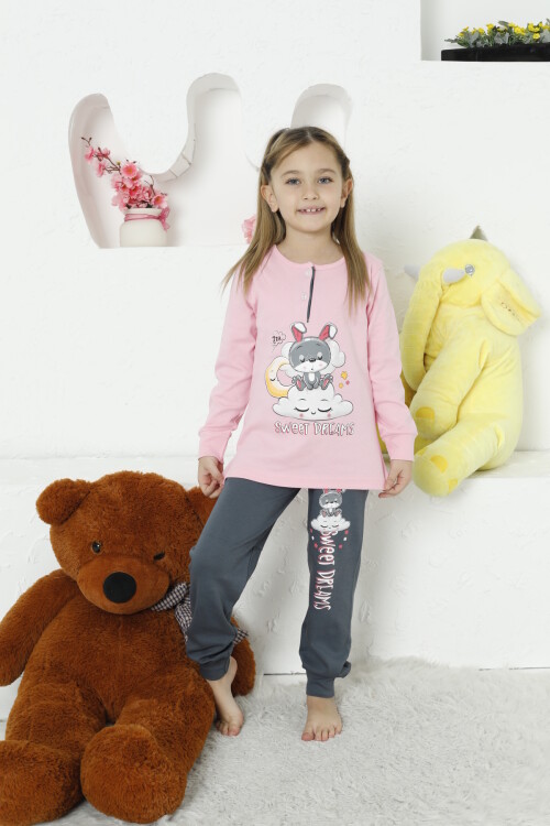 Kız Çocuk Tavşan Baskılı Bloklu Pijama Takımı 4-11 Yaş LX6032